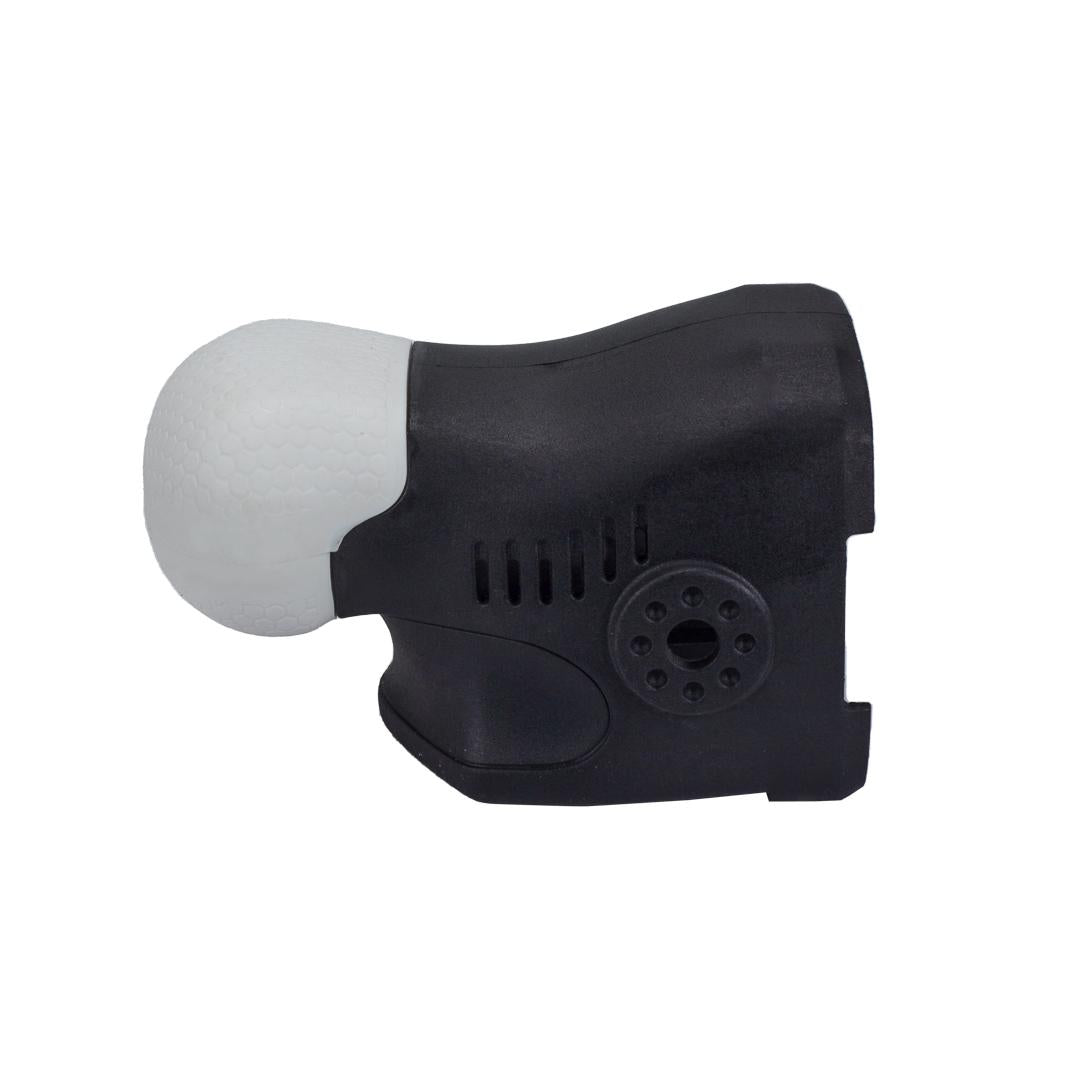 The Polisher Head Covers are compatible with a black and white massage gun attachment, featuring a textured round white ball on one end and a ventilated black base with a circular side pattern.