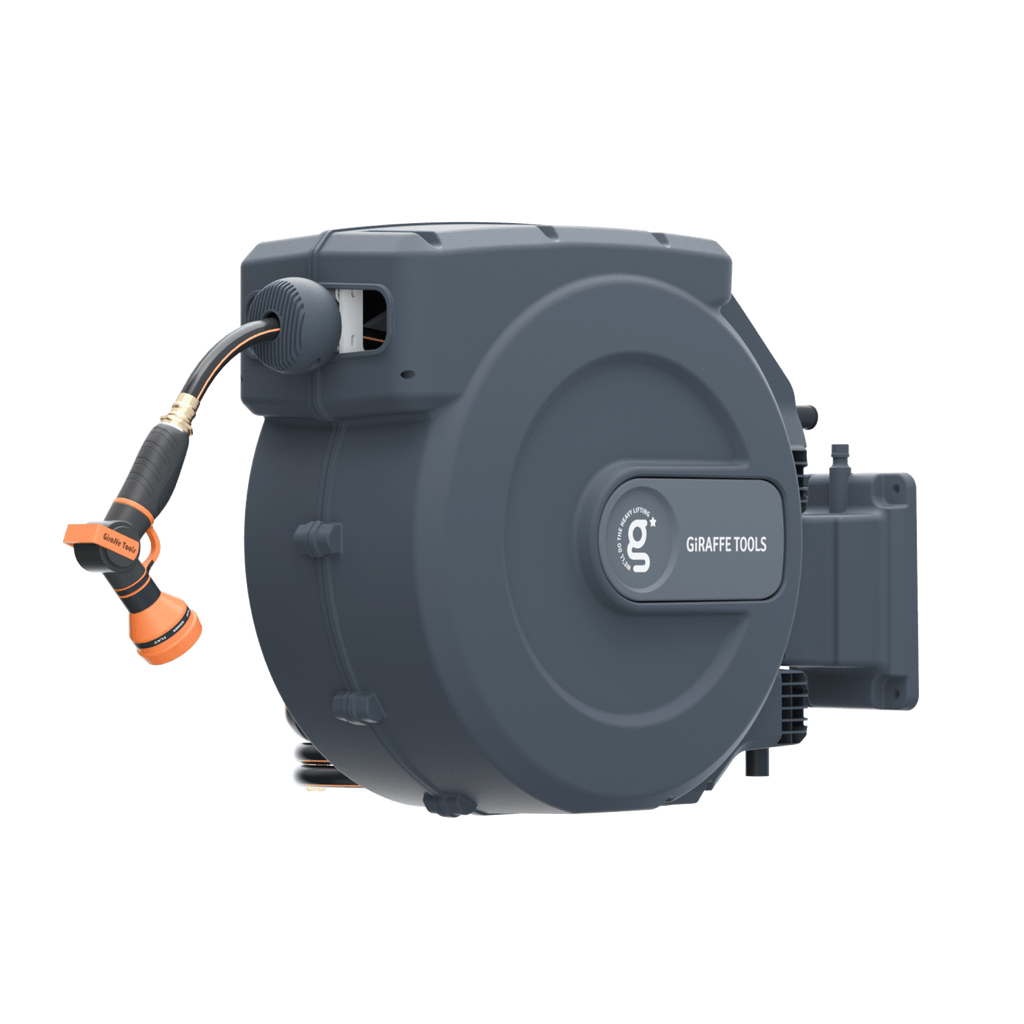 The Retractable Garden Hose Reel-5/8 in-115ft is a gray, wall-mounted reel with auto-rewind, coiled hose, and an orange "Giraffe Tools" spray nozzle, displayed on a plain white background.