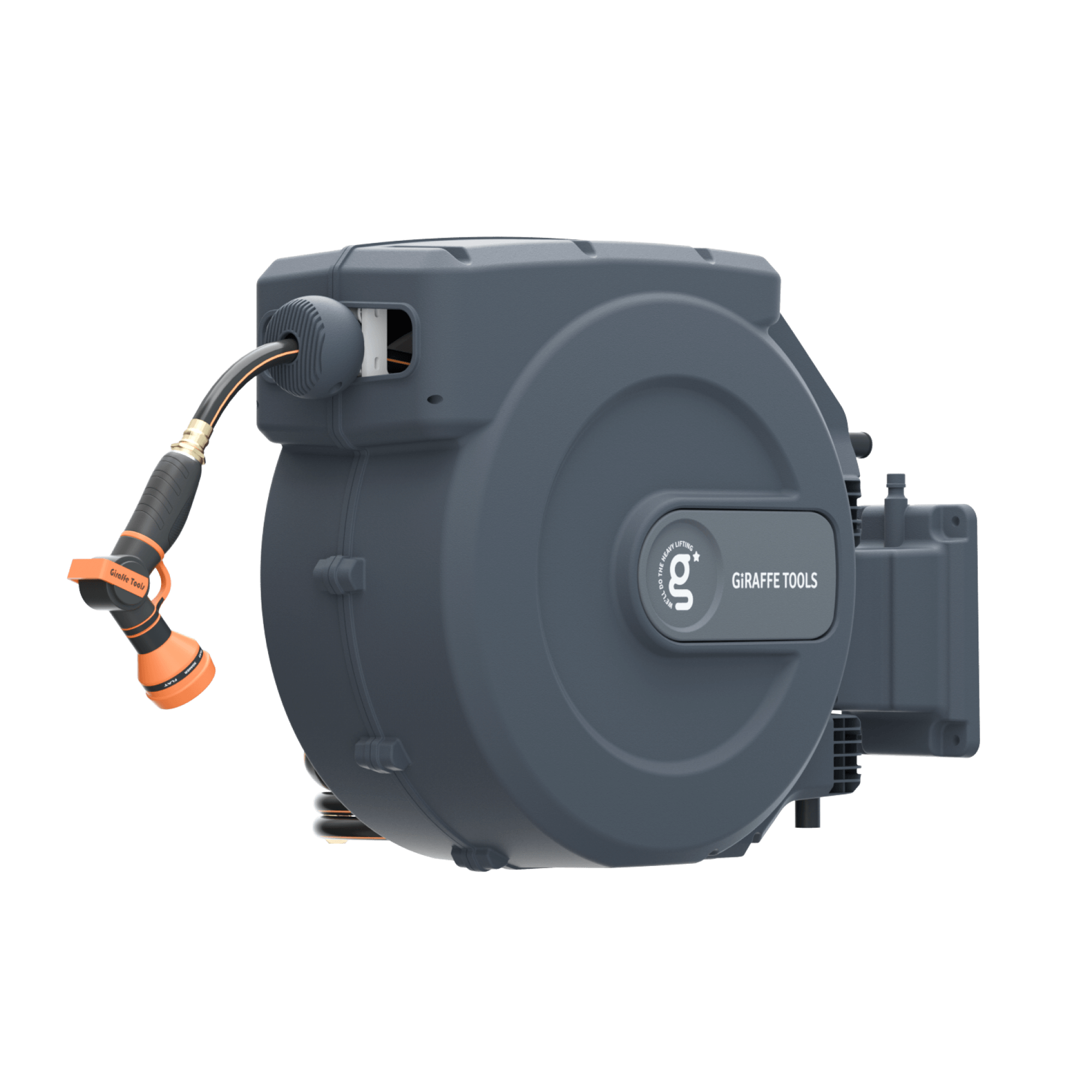 The Retractable Garden Hose Reel-5/8 in-115ft is a gray, wall-mounted reel with auto-rewind, coiled hose, and an orange "Giraffe Tools" spray nozzle, displayed on a plain white background.