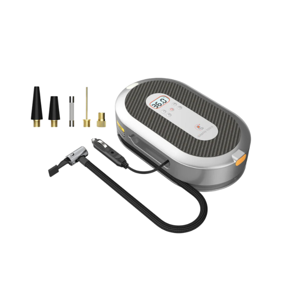 The Retractable Car Tire Inflator features a display screen, hose, and multiple nozzle attachments beside it on a white background—ideal for fast, portable tire inflation anywhere.
