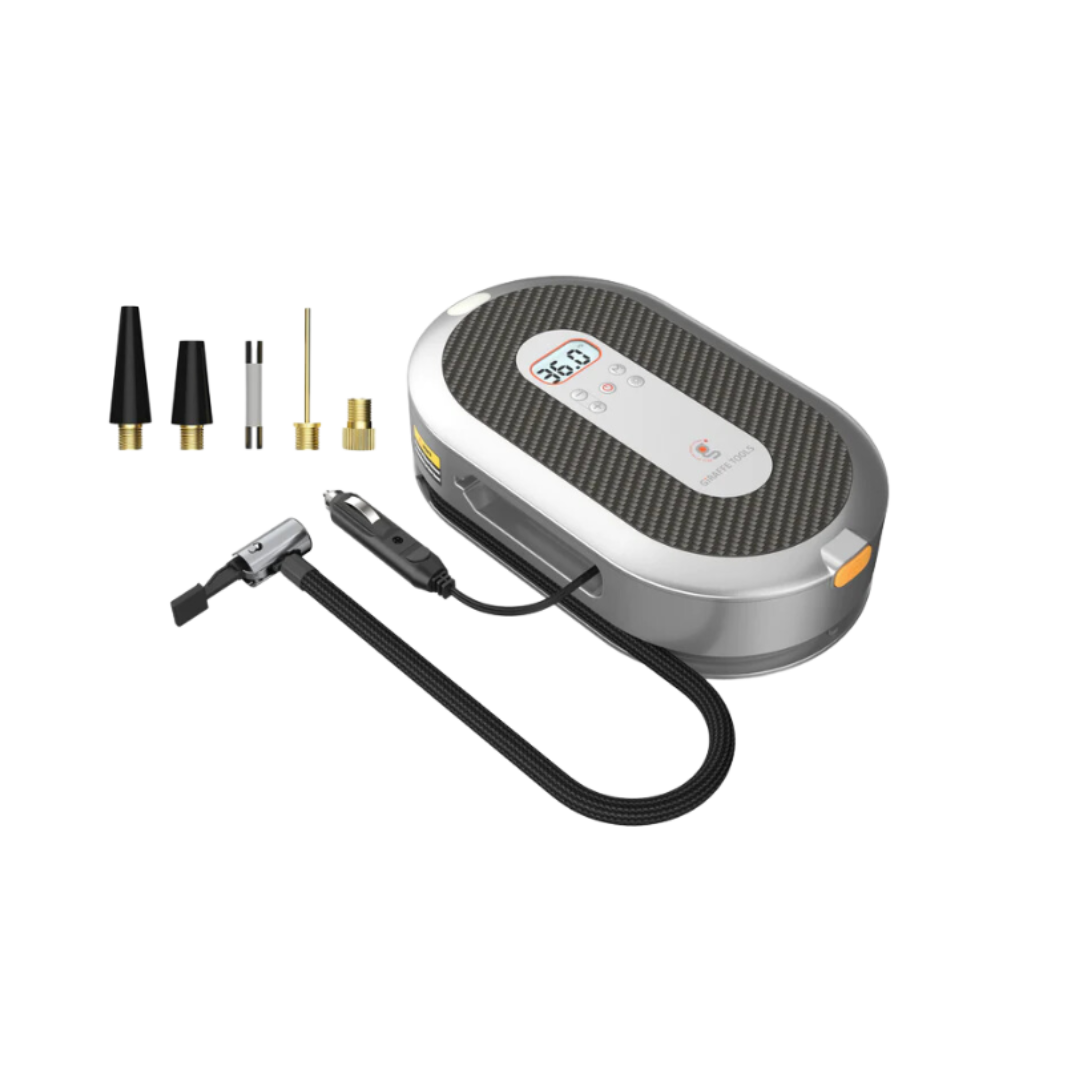 The Retractable Car Tire Inflator features a display screen, hose, and multiple nozzle attachments beside it on a white background—ideal for fast, portable tire inflation anywhere.