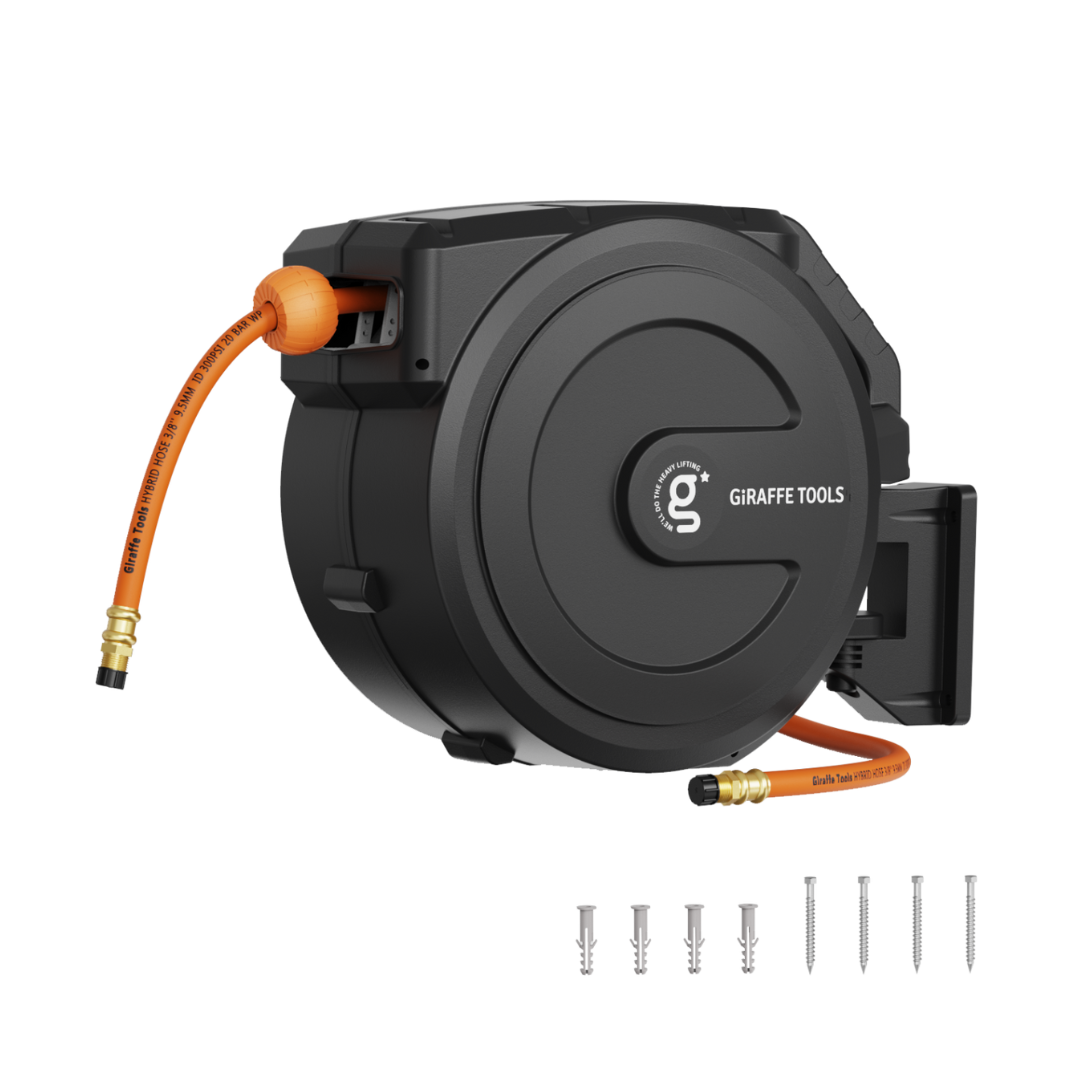The Retractable Air Hose Reel-PP Housing-3/8in-50ft features a lightweight black case, orange hose partially extended, and is mounted on a wall bracket. It includes six screws and wall anchors for easy installation.