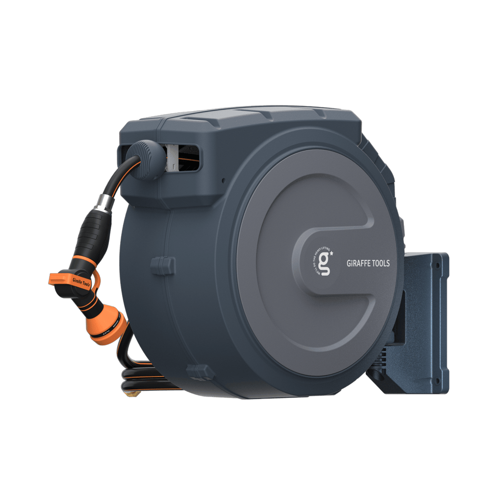A gray Retractable Garden Hose Reel-1/2in-78ft is mounted on a wall, featuring an auto-rewind system and an orange and black hose connector at the end.