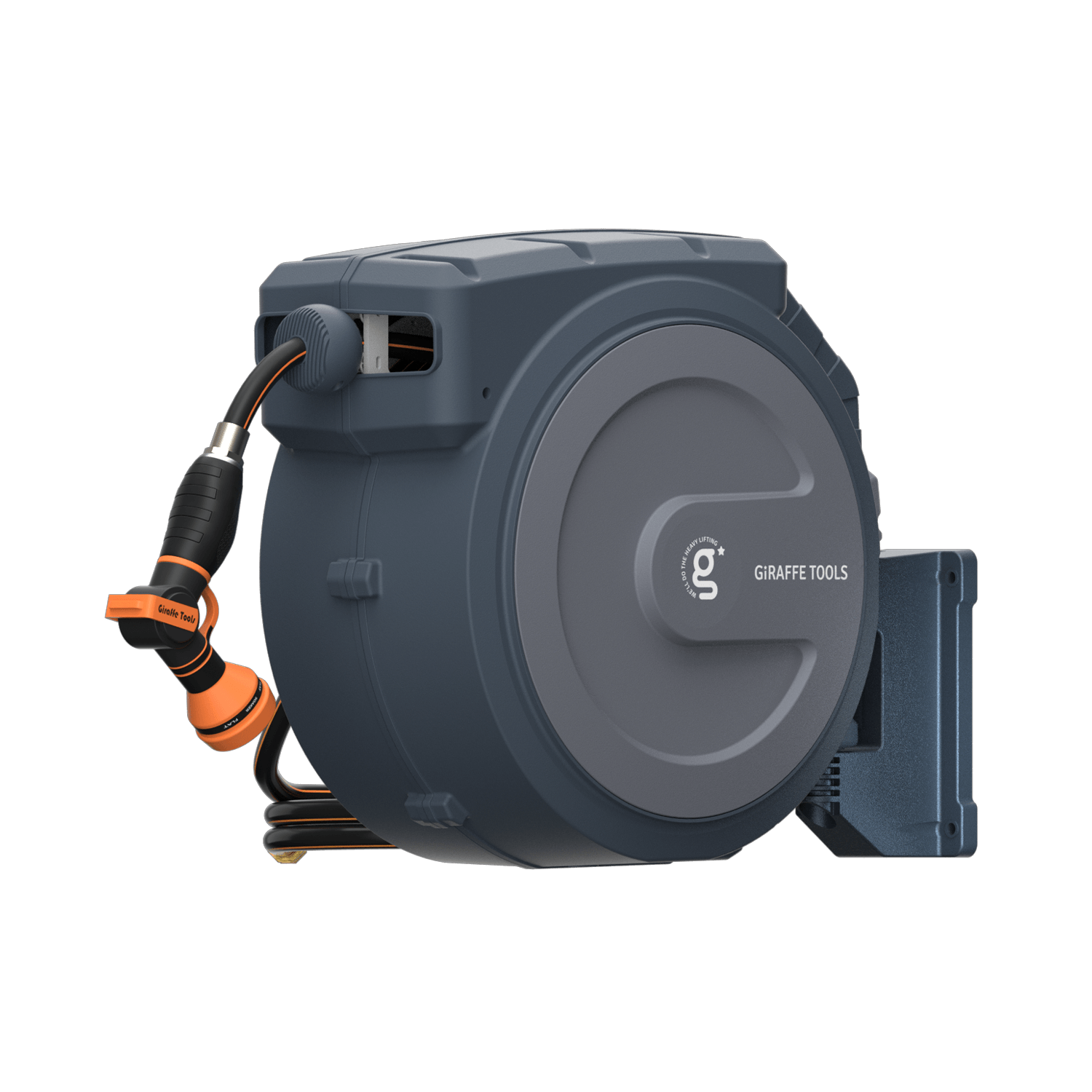 A gray Retractable Garden Hose Reel-1/2in-78ft is mounted on a wall, featuring an auto-rewind system and an orange and black hose connector at the end.
