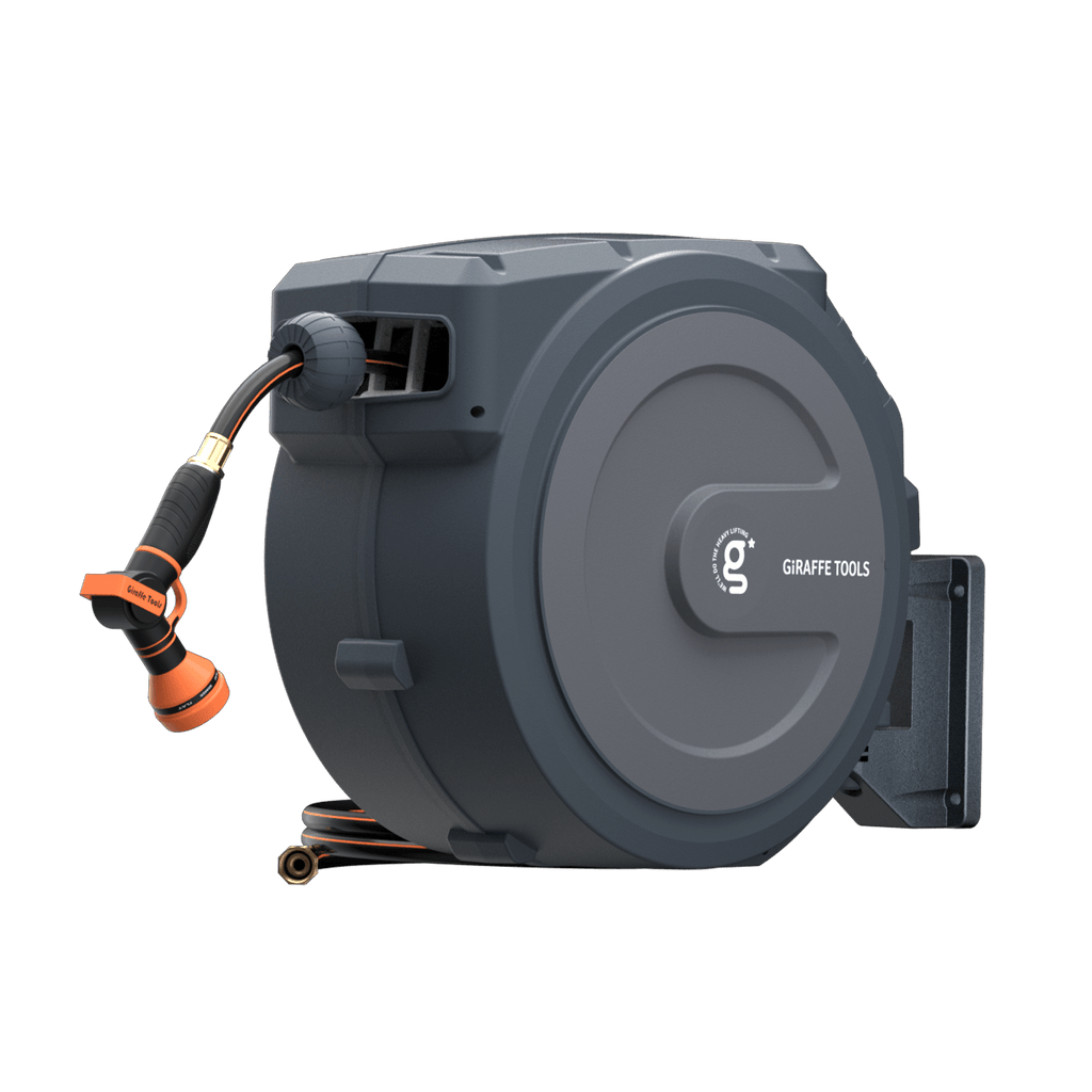 A gray Retractable Garden Hose Reel-5/8in-90ft with auto-rewind, an orange and black spray nozzle, and Giraffe Tools branding is wall-mounted against a plain white background.