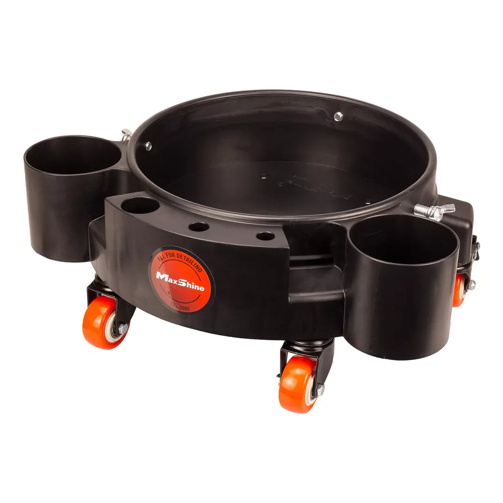 The Rolling Bucket Dolly (Open-Box) is a black plastic dolly for 5-gallon car wash buckets, with three cup holders, four orange casters, and a red MaxShine logo—making bucket transport easy and convenient.