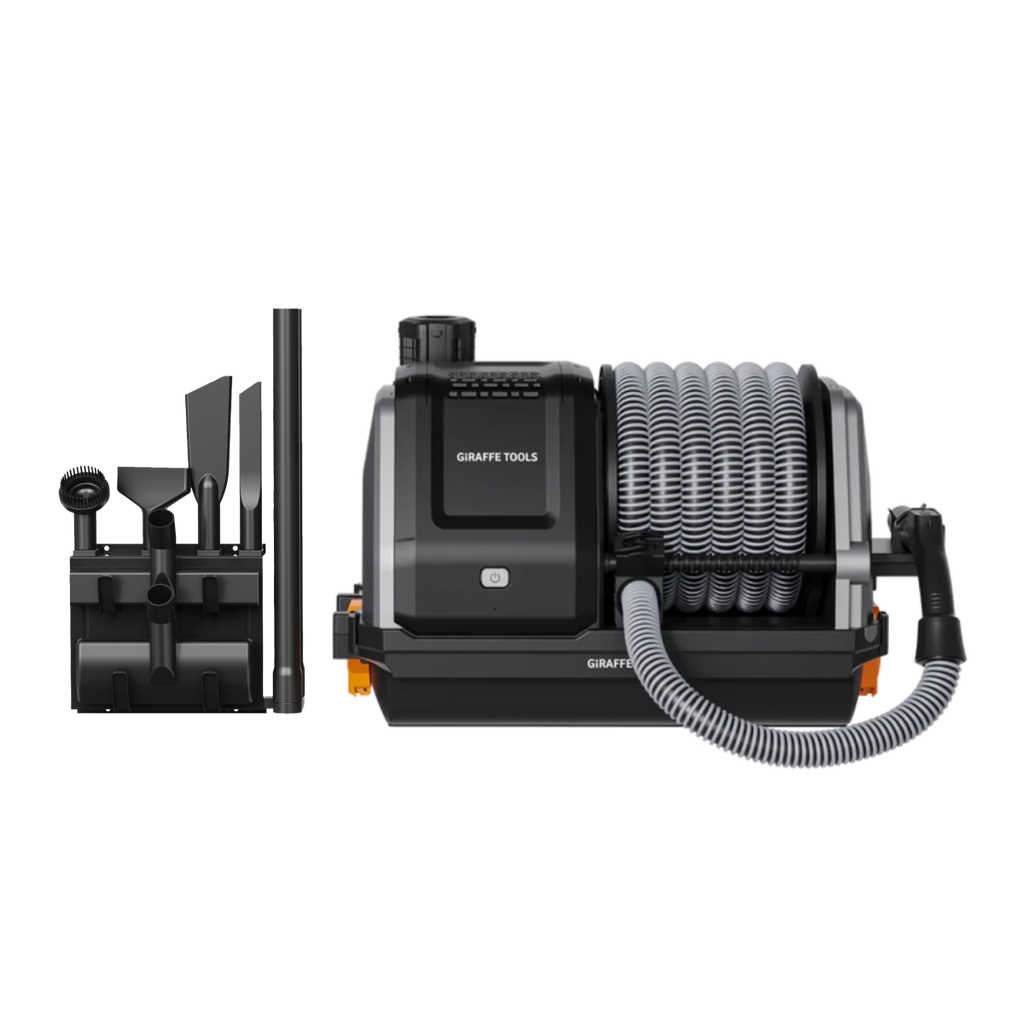 The Grandstorm Retractable Vacuum Cleaner features a black and gray coiled hose with spray nozzle, wall-mounted storage holder, and multiple cleaning attachments for easy garage cleaning.