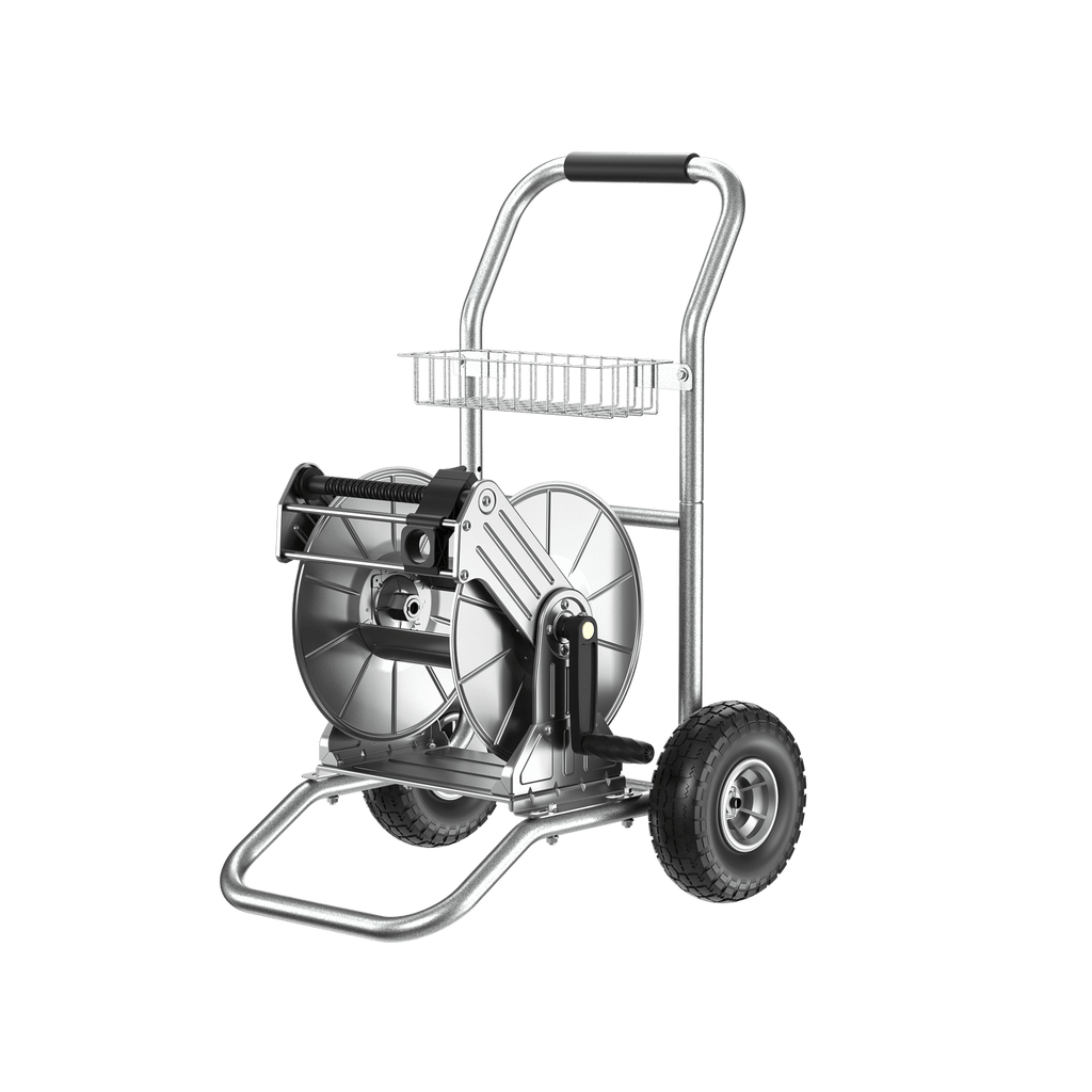 The Garden Hose Reel Cart-2 Wheels-Stainless Steel-Heavy Duty features a mounted reel for garden hoses, two large black wheels, a wire basket, and a handle with a black grip, shown on a white background.