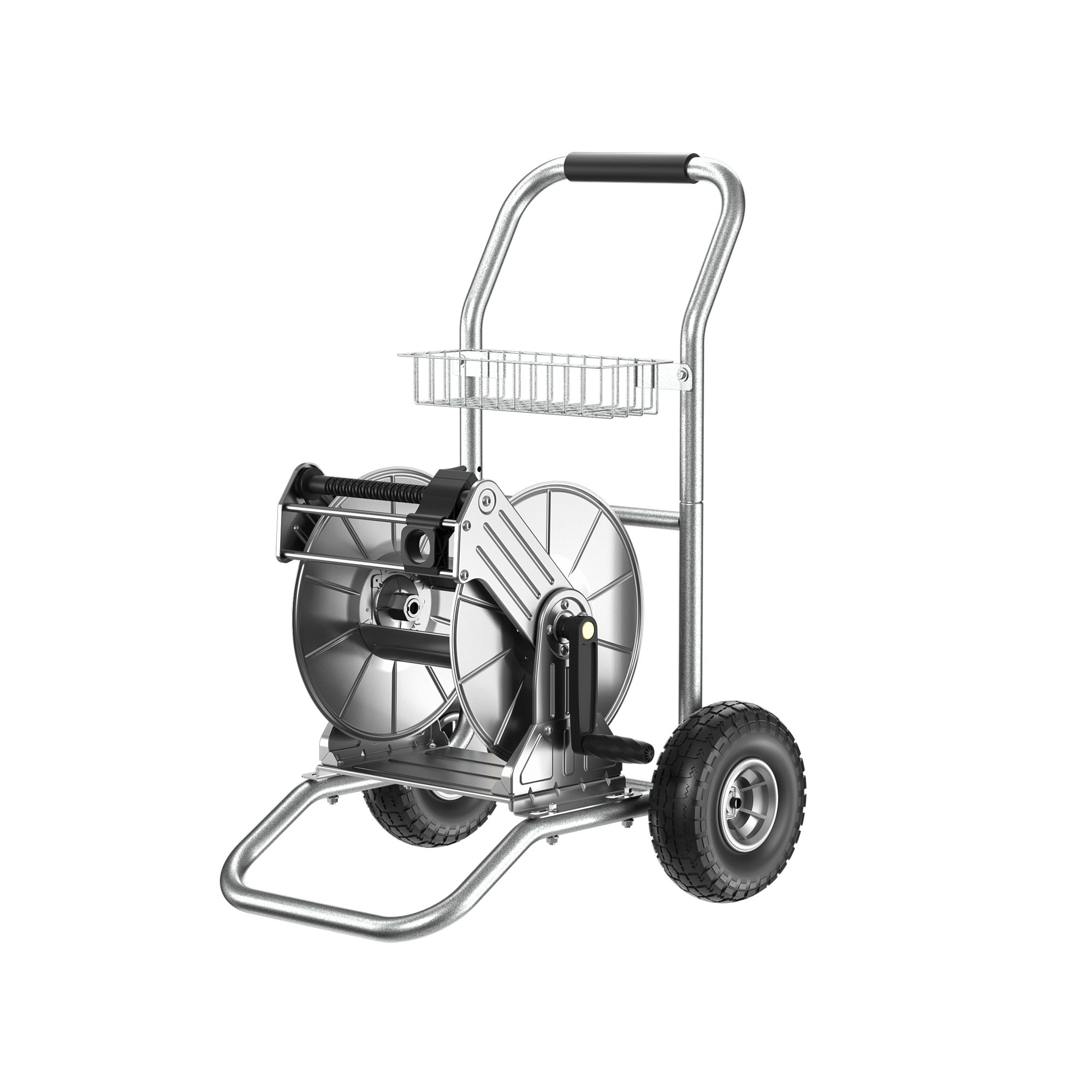The Garden Hose Reel Cart-2 Wheels-Stainless Steel-Heavy Duty features a mounted reel for garden hoses, two large black wheels, a wire basket, and a handle with a black grip, shown on a white background.