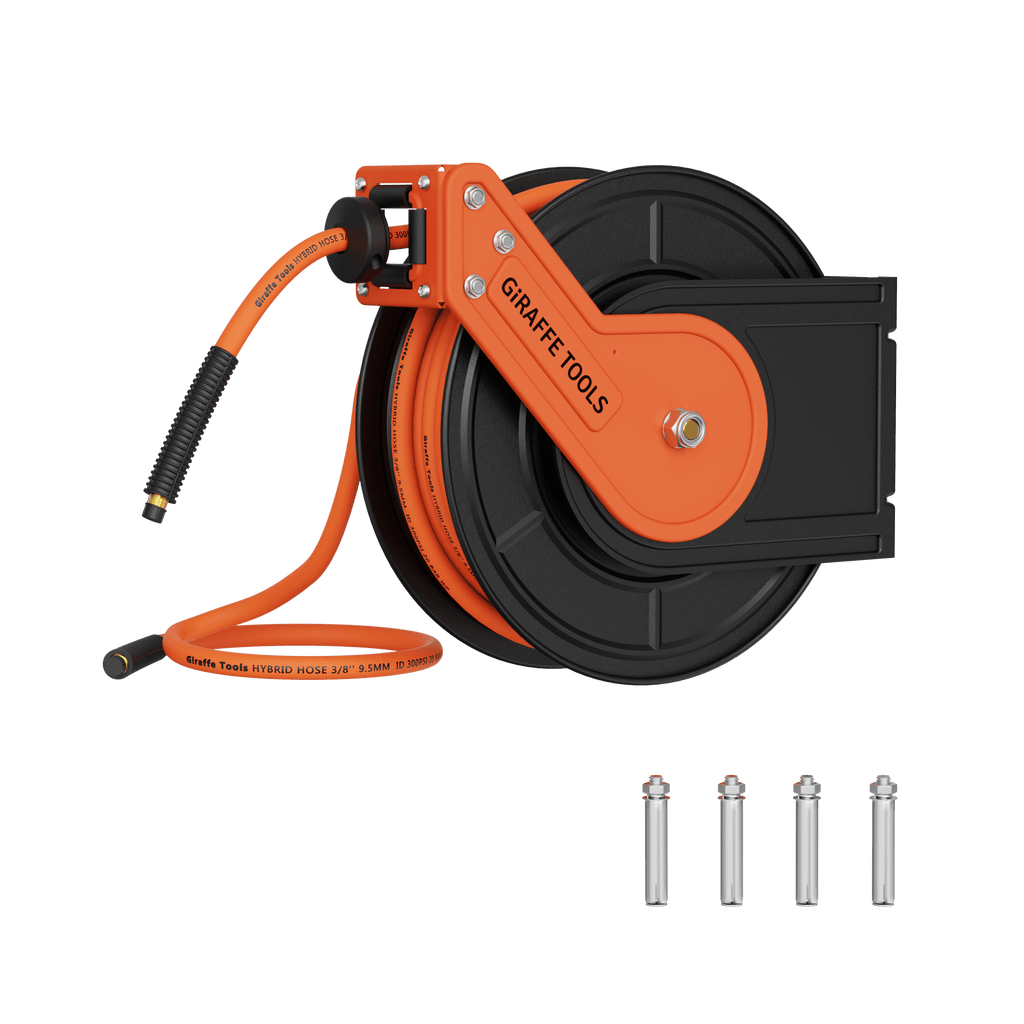 A wall-mounted Retractable Air Hose Reel-Alloy Steel Reel-3/8in 25ft-50ft, with an orange and black hose, corrosion-resistant construction, and four metal mounting bolts shown below it, set against a plain white background.