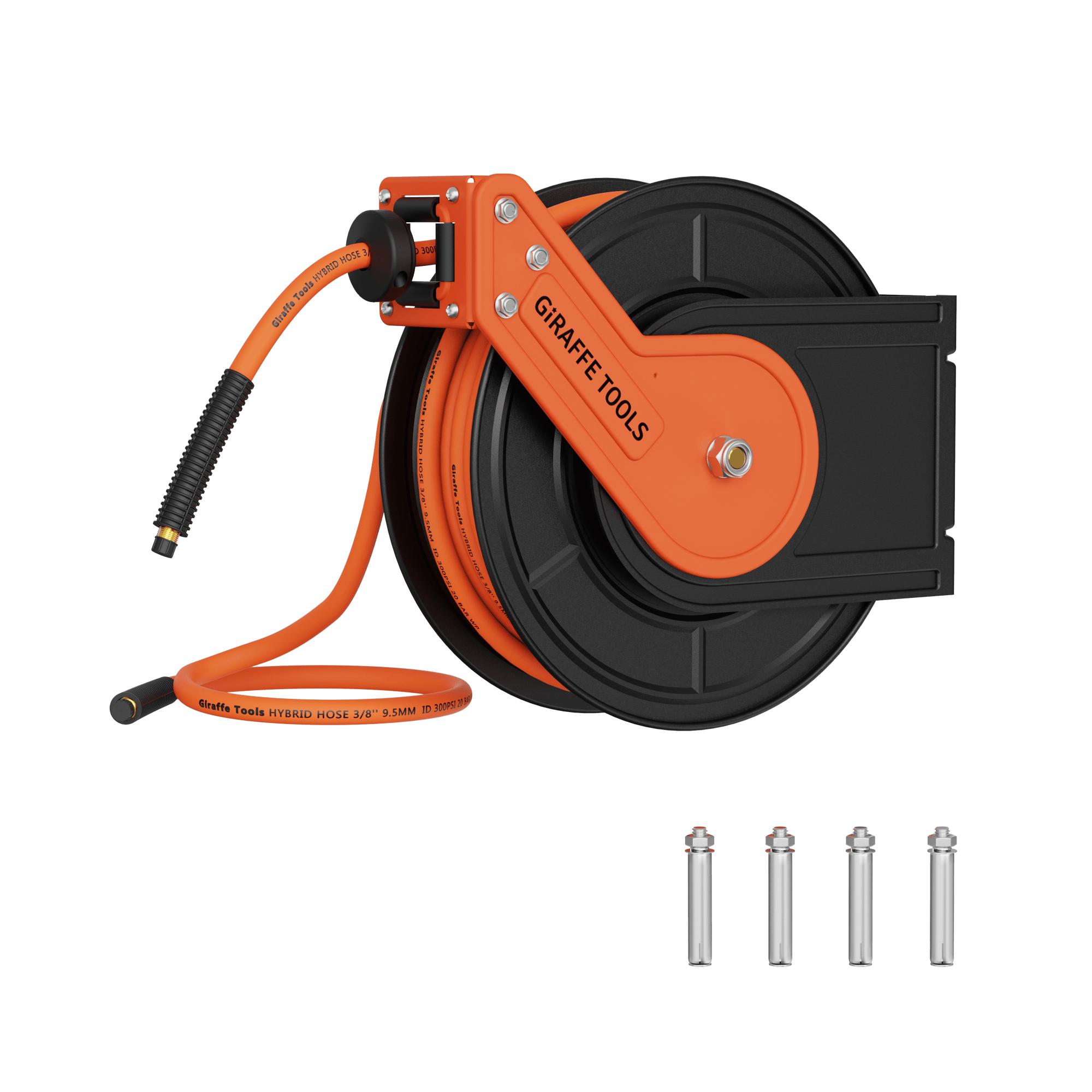 A wall-mounted Retractable Air Hose Reel-Alloy Steel Reel-3/8in 25ft-50ft, with an orange and black hose, corrosion-resistant construction, and four metal mounting bolts shown below it, set against a plain white background.