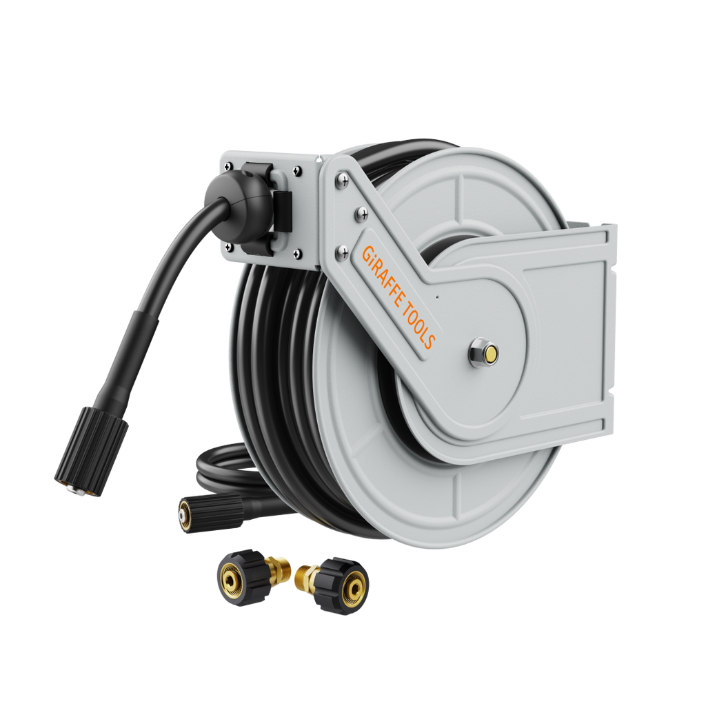 A gray Retractable Pressure Hose Reel-1/4in with a black, oil and abrasion-resistant hose partially unspooled and three brass and black connectors is shown against a white background.