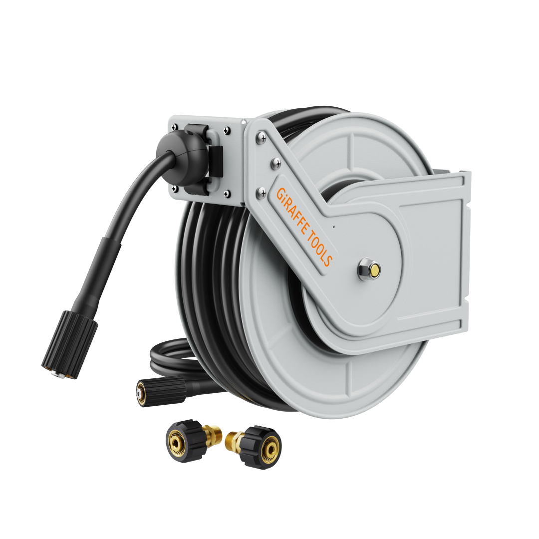 A gray Retractable Pressure Hose Reel-1/4in with a black, oil and abrasion-resistant hose partially unspooled and three brass and black connectors is shown against a white background.