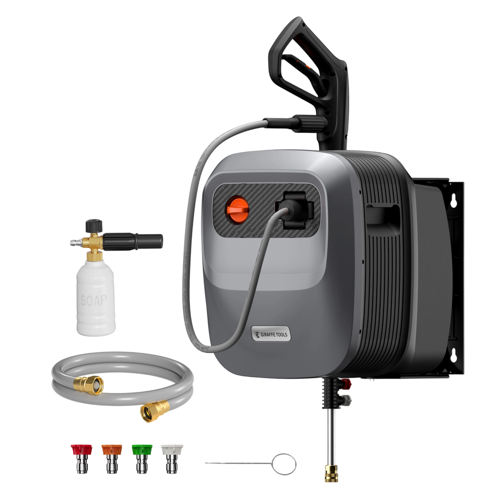 The Grandfalls Retractable Pressure Washer G20 includes an auto-retract system, hose reel, spray wand, soap bottle attachment, five colored nozzles, and a cleaning needle—all shown on a white background.