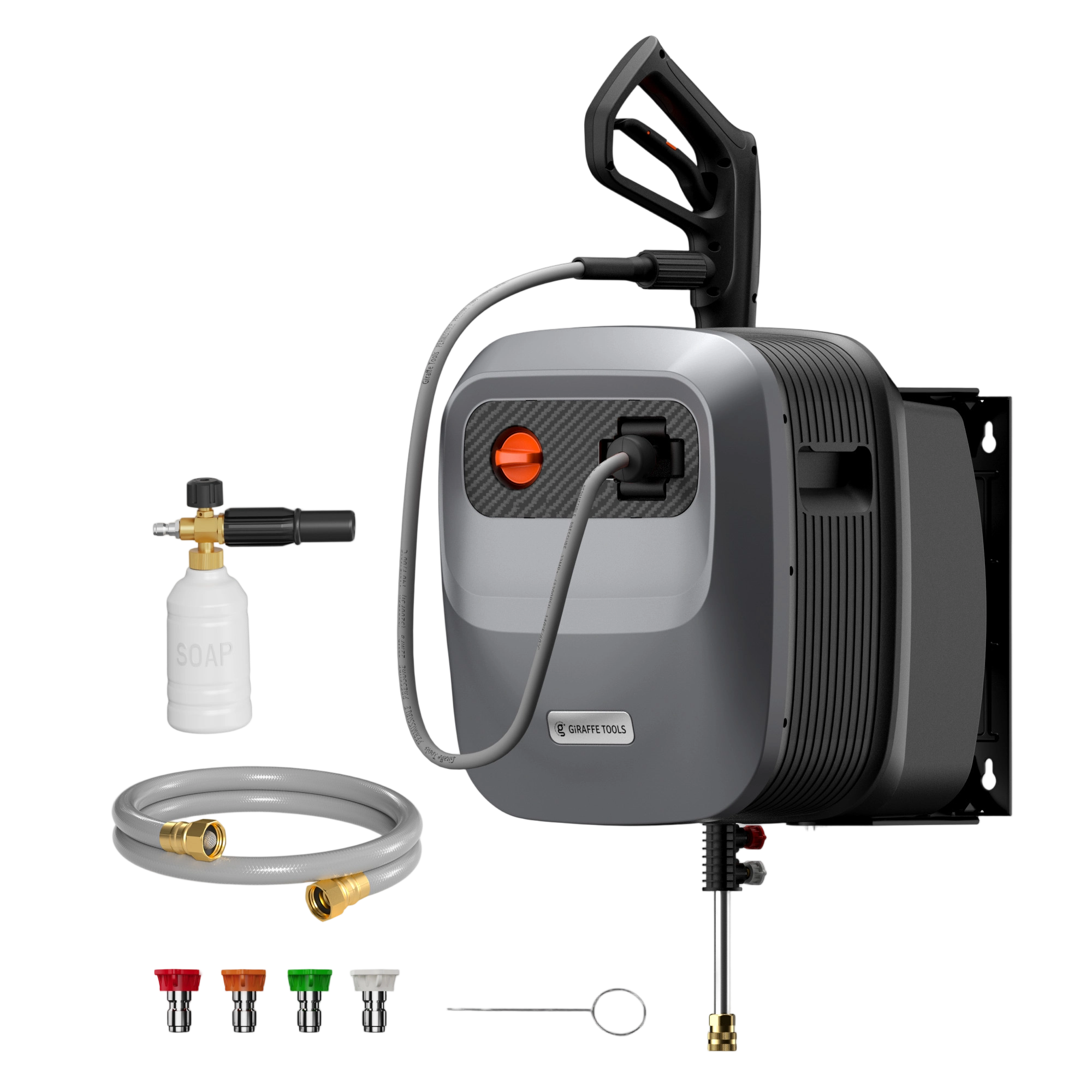 The Grandfalls Retractable Pressure Washer G20 includes an auto-retract system, hose reel, spray wand, soap bottle attachment, five colored nozzles, and a cleaning needle—all shown on a white background.