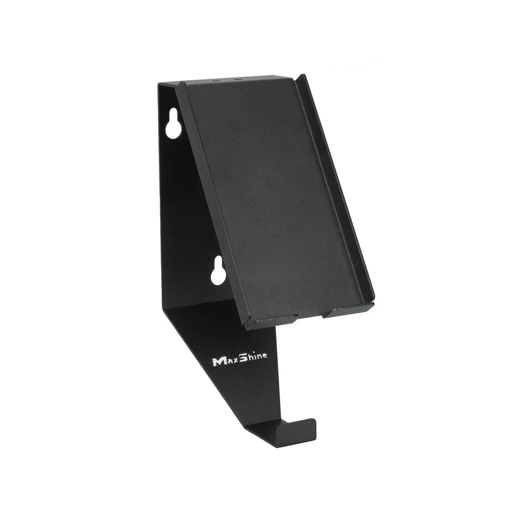 The Wall Mount Phone Holder and Headphone Rack is a black metal holder with two screw holes, an angled platform for items, and a bottom hook. "MaxShine" is printed near the hook. Ideal for organizing your headphones and devices.