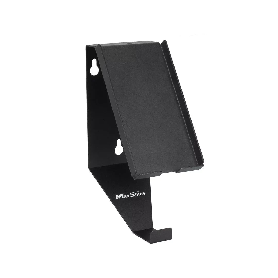 The Wall Mount Phone Holder and Headphone Rack is a black metal holder with two screw holes, an angled platform for items, and a bottom hook. "MaxShine" is printed near the hook. Ideal for organizing your headphones and devices.