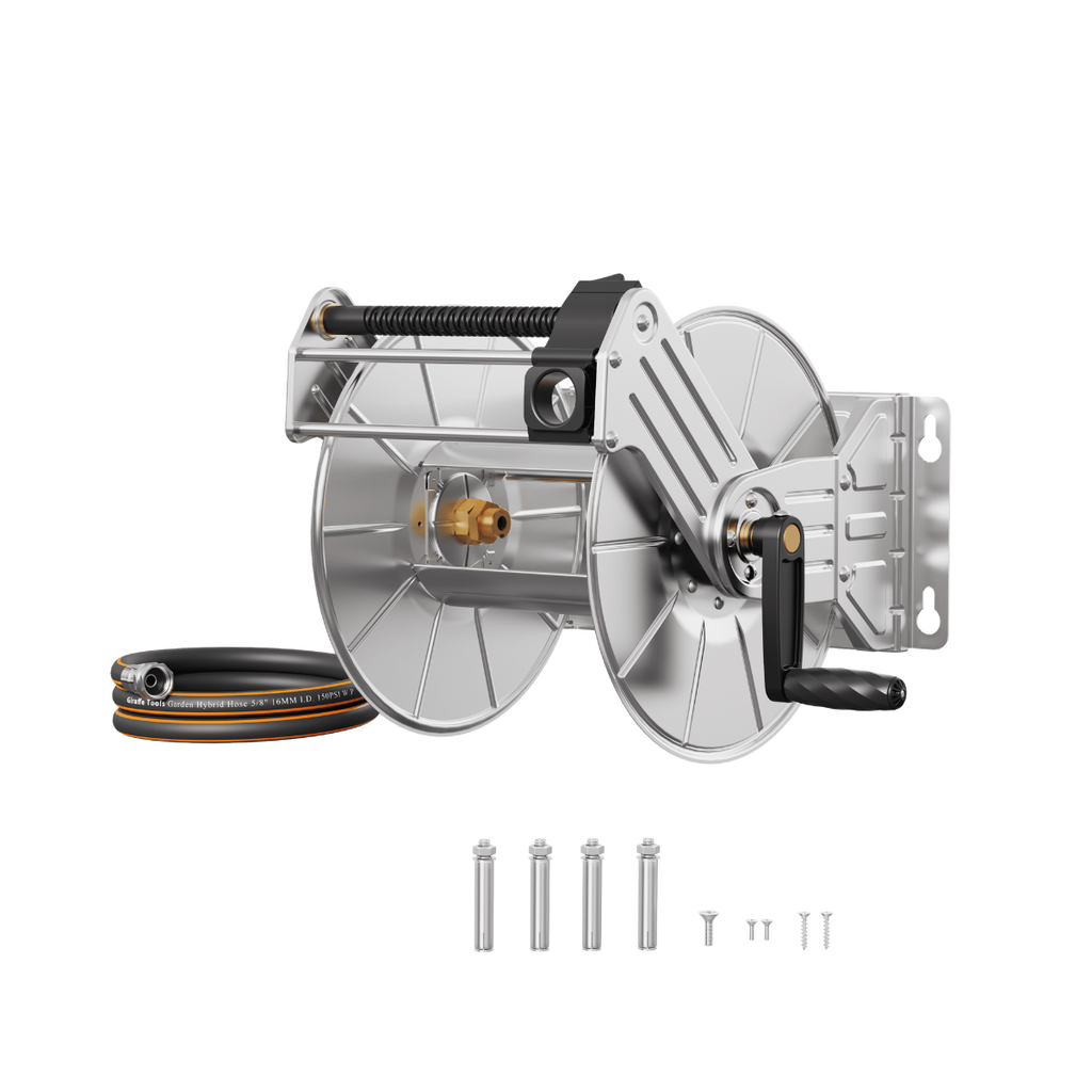The Wall Mounted Hose Reel-Stainless Steel-Heavy Duty features a black handle and comes with a coiled garden hose. Installation hardware, including bolts and screws, is included for easy wall mounting.