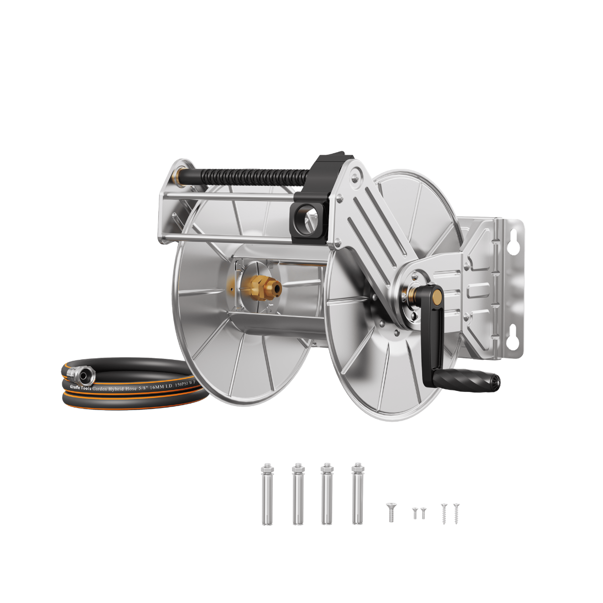 The Wall Mounted Hose Reel-Stainless Steel-Heavy Duty features a black handle and comes with a coiled garden hose. Installation hardware, including bolts and screws, is included for easy wall mounting.