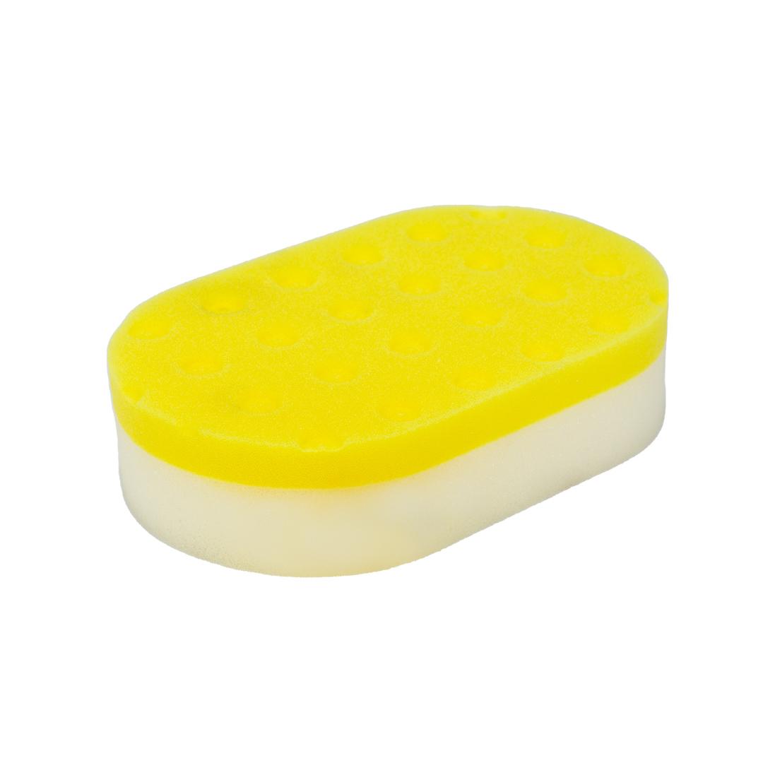 The Foam Waxing Applicator, featuring a yellow textured top and smooth white bottom, is displayed on a plain white background—perfect for waxing tasks.