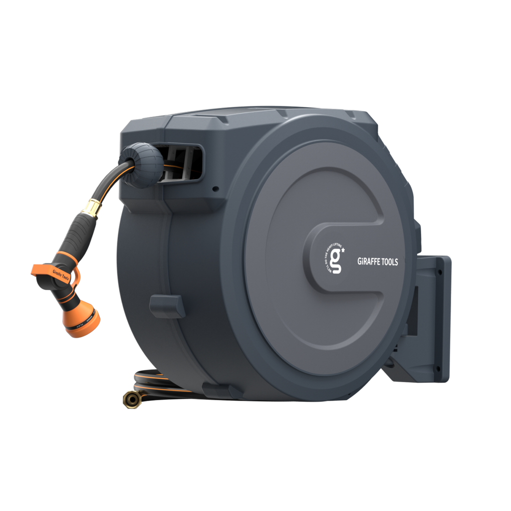 The Retractable Garden Hose Reel-1/2in-100ft features a gray, wall-mounted design with auto-rewind and an attached orange and black nozzle, all branded with the Giraffe Tools logo.