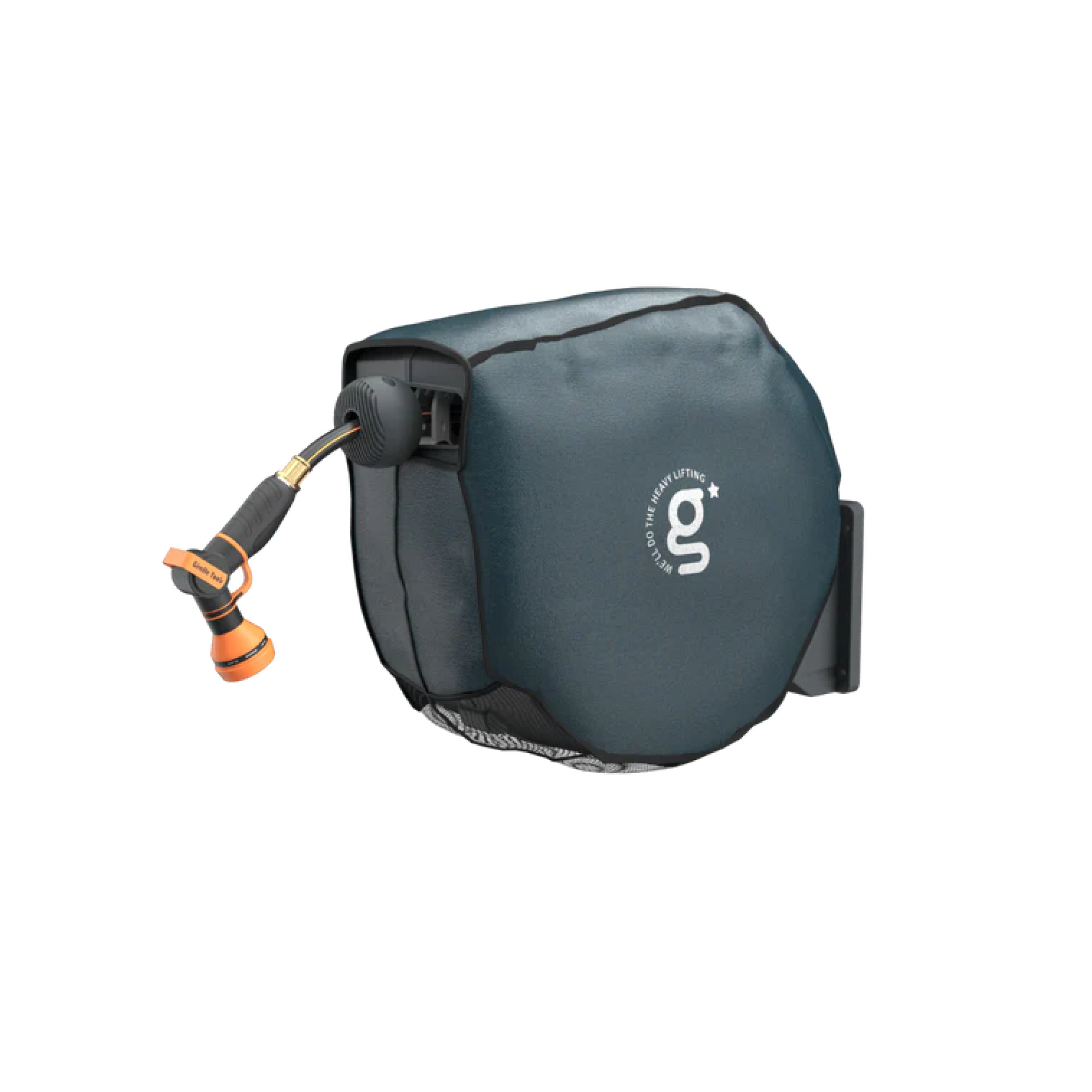 The Hose Reel Cover features a dark grey casing with a white circular logo, includes a wall-mount bracket, and comes with an attached orange and black spray nozzle for a sleek, functional look.