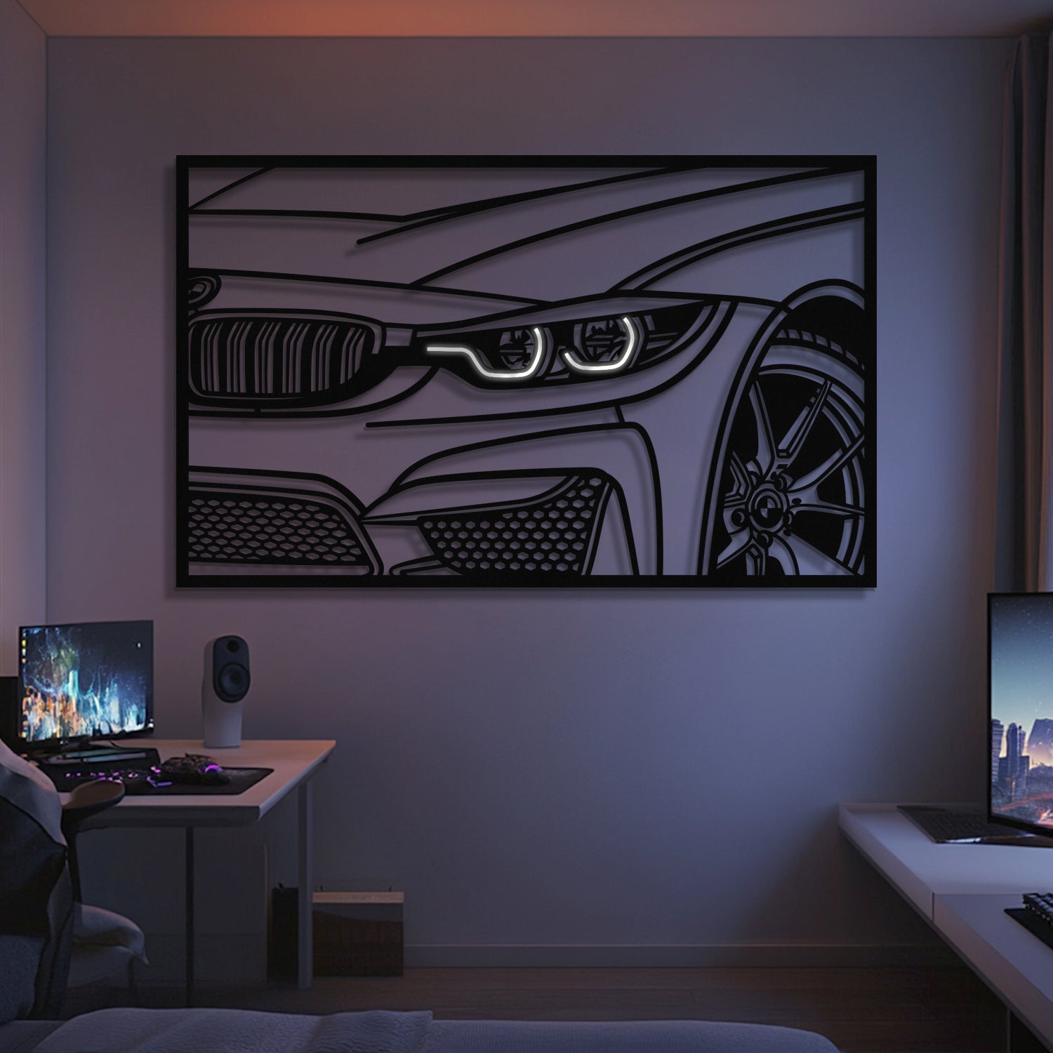 A modern room with two desk setups, each with a computer and monitor, showcases the F82 M4 Apex Front View Metal Neon Frame Wall Art (MT1478) above the central desk area—making it an ideal gift for car enthusiasts.