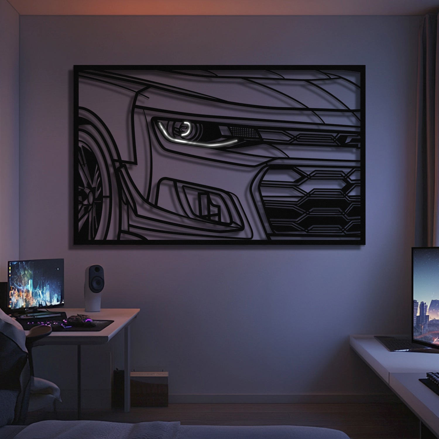 A modern bedroom showcases the 2024 Camaro ZLE 1LE Apex Front View Metal Neon Frame Wall Art (MT1475) above two computer desks equipped with monitors and speakers, softly lit—an ideal gift for any car enthusiast.