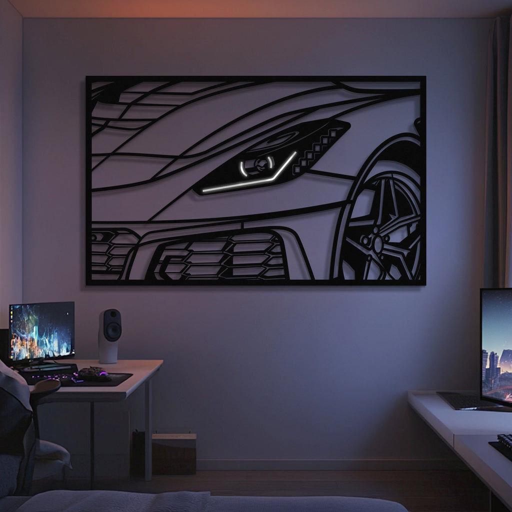 A modern room features two computer desks and the 2019 Corvette C7 ZR1 ZTK Apex Front View Metal Neon Frame Wall Art (MT1477), showcasing a sleek black car outline and ambient lighting—a perfect gift for car enthusiasts.