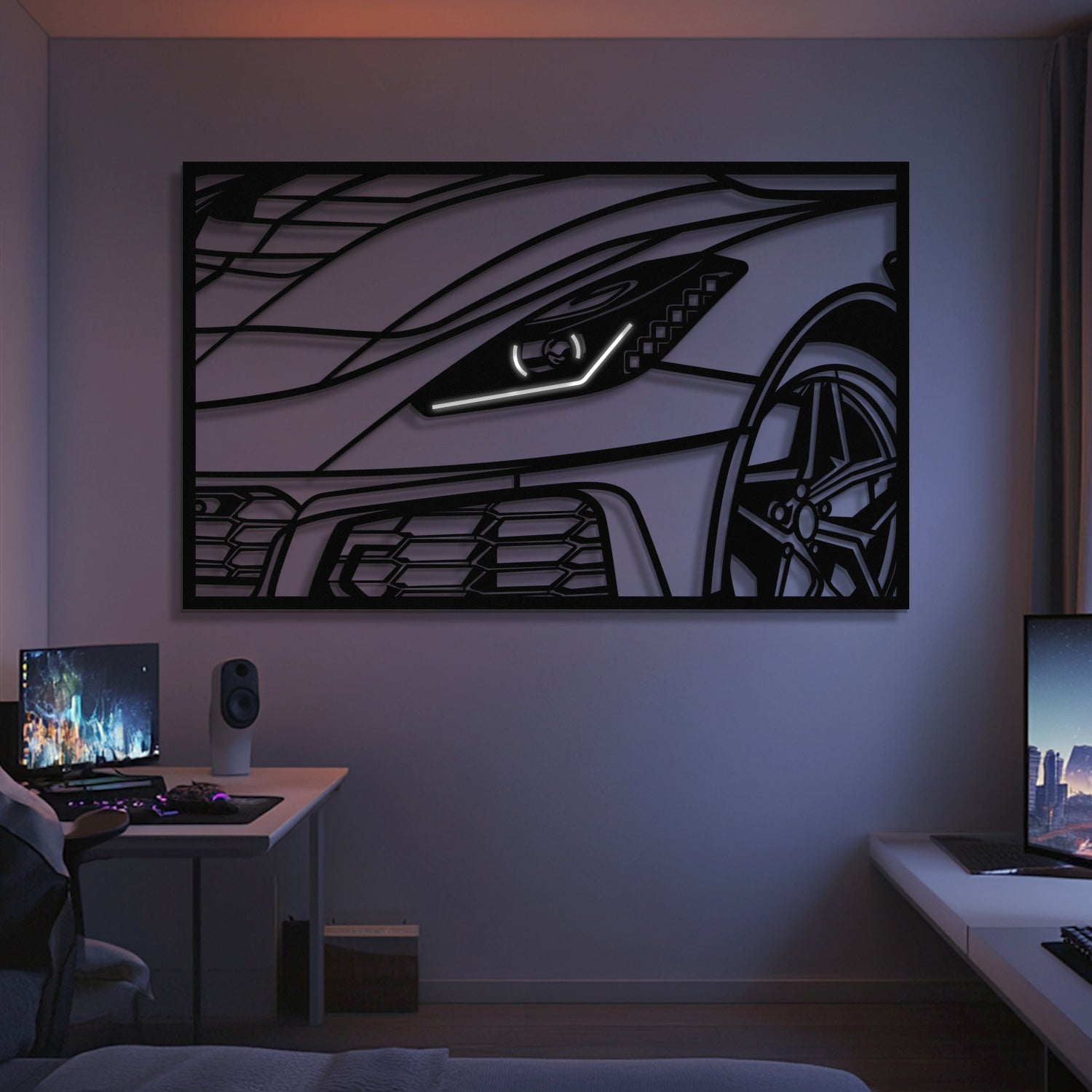A modern room features two computer desks and the 2019 Corvette C7 ZR1 ZTK Apex Front View Metal Neon Frame Wall Art (MT1477), showcasing a sleek black car outline and ambient lighting—a perfect gift for car enthusiasts.