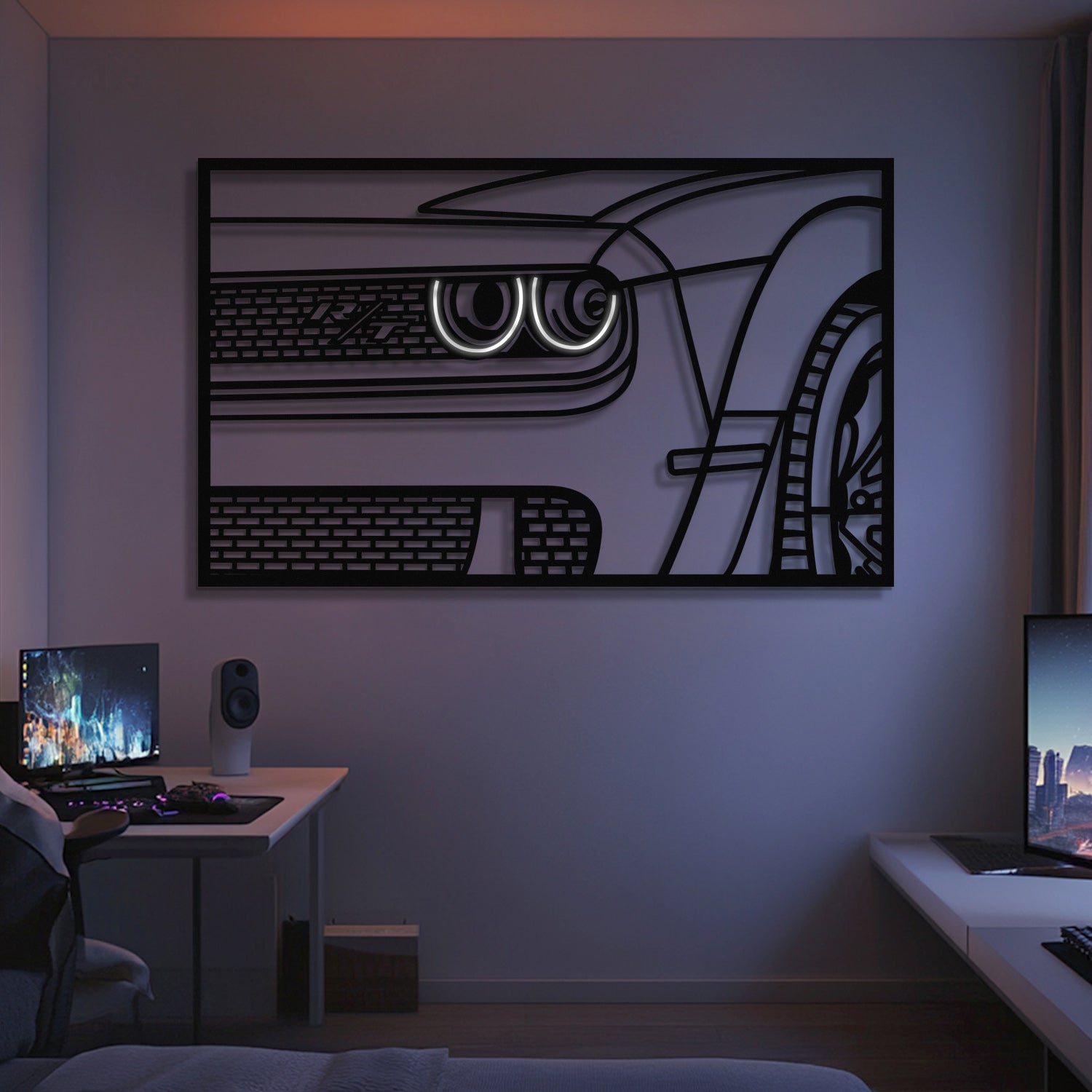 A modern bedroom features the 2023 Challenger R/T Apex Front View Metal Neon Frame Wall Art (MT1476) above a dual-monitor desk setup—ideal for car enthusiasts—while another desk with a monitor is placed on the opposite side.
