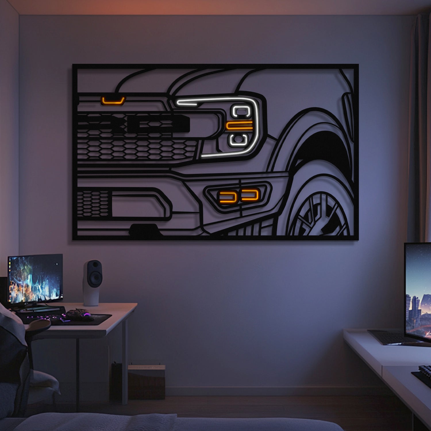 A modern room with dual computer desks and monitors showcases the F150 Raptor Apex Front View Metal Neon Frame Wall Art (MT1479). Subtle, ambient lighting sets the perfect atmosphere—an ideal gift for any car enthusiast.