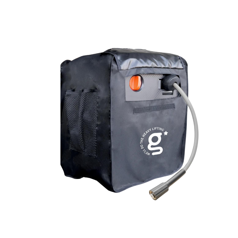 The Grandfalls Retractable Pressure Washer G20 Cover is a black, portable cover with a flexible hose, orange valve, mesh side pocket, and a white "g" logo above "Do the heavy lifting," shown on a plain white background for durable protection.