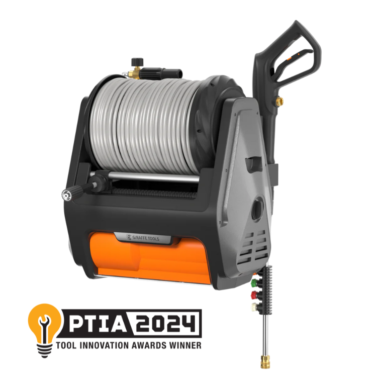 The Grandfalls Retractable Pressure Washer Pro, in black and orange, is wall-mounted with a retractable silver hose. A PTIA 2024 Tool Innovation Awards Winner badge appears in the lower left corner.