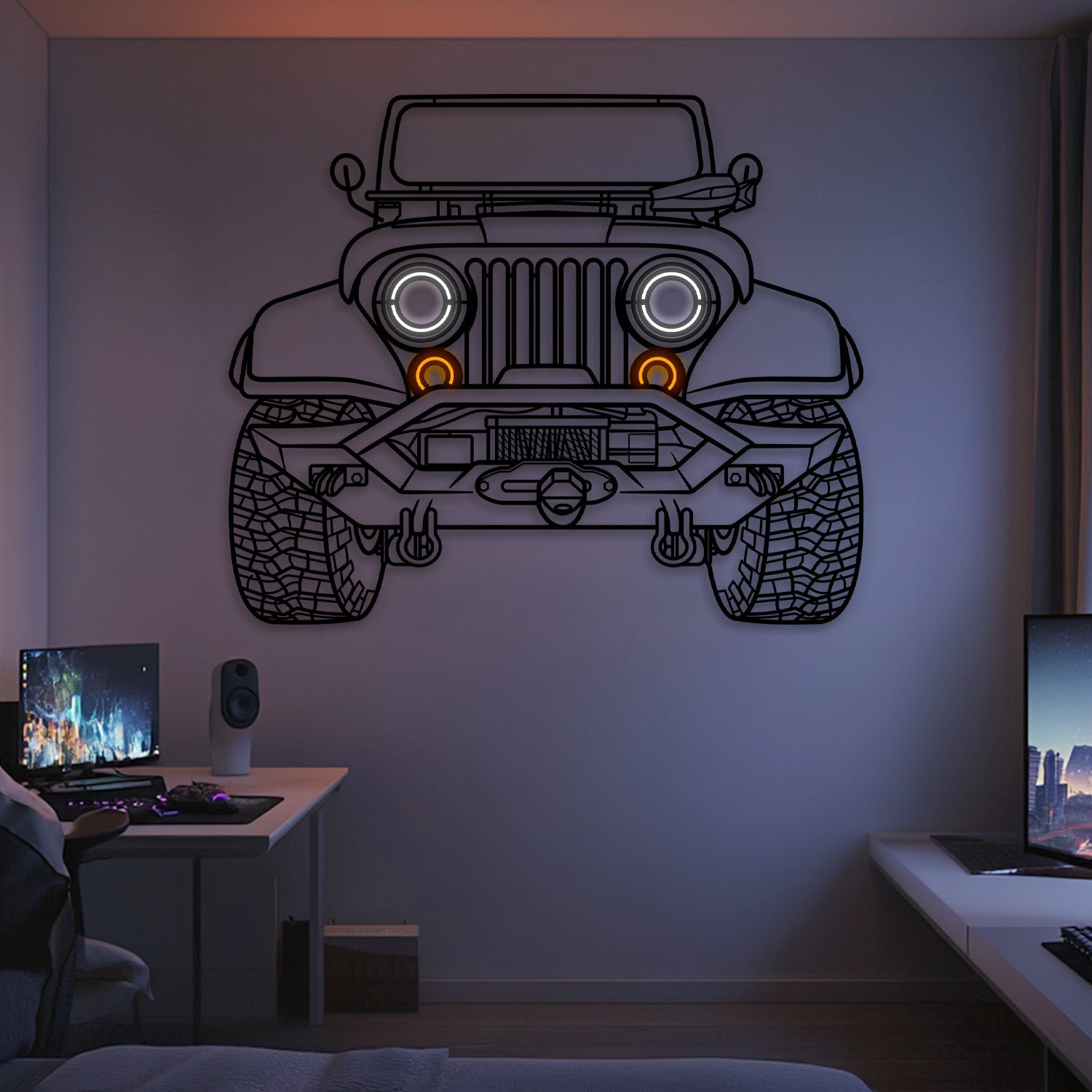 A modern room with two computer desks and monitors features the CJ7 Front View Metal Neon Car Wall Art - MTN0260, displaying glowing headlights and orange accent lights—a stylish gift for car enthusiasts.