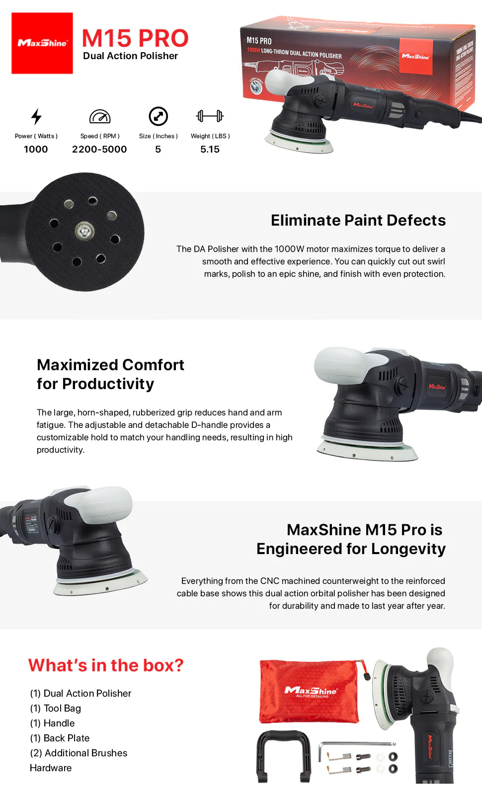 M15 Pro Dual Action Polisher | 15mm Throw, 5” Backing Plate, 1000W Motor