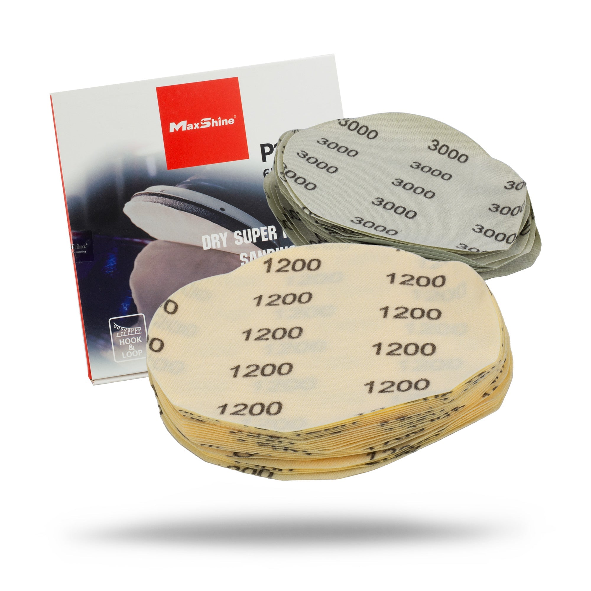 A stack of 6-inch Sanding Paper Discs - 25 Pack (1200 and 3000 grit) is displayed in front of a MaxShine Dry Super Sanding Disc box with red and white packaging.
