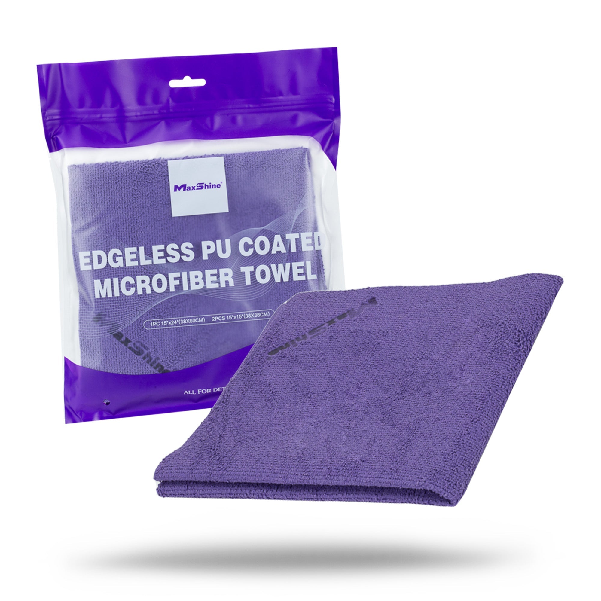 A Car Cleaning Towel | 300GSM Edgeless PU Coated Microfiber Towels - 3 Pack | in purple is shown in front of its purple and white packaging labeled “EDGELESS PU COATED MICROFIBER TOWEL”—ideal for auto detailing.
