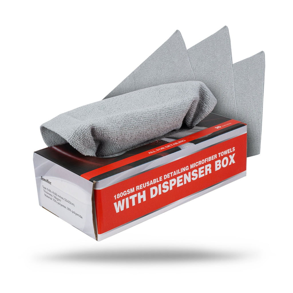 A box labeled "Detailing Microfiber Cloths | 180GSM Edgeless Reusable Microfiber Towels with Box" displays several gray cloths, one partially pulled out and two placed on top.