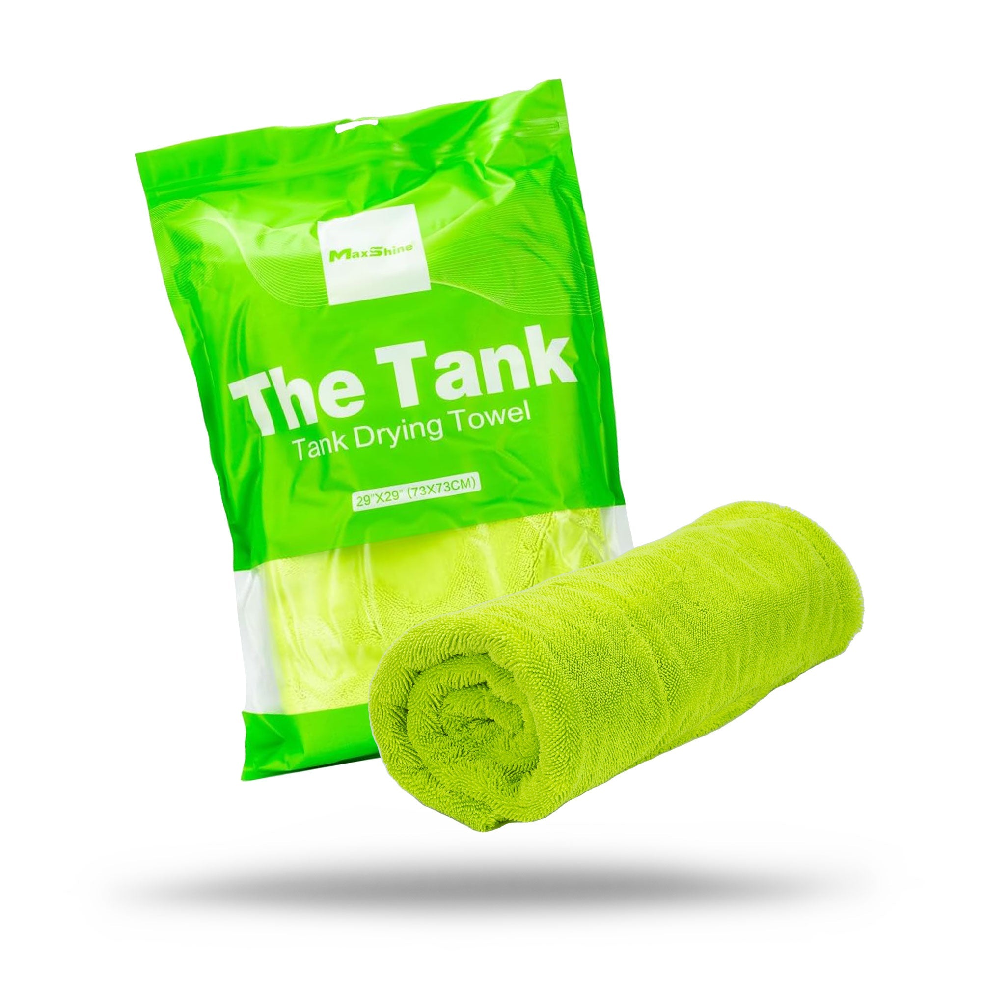 A rolled, bright green Car Drying Towel | 1600GSM "The Tank" Duo Twisted Loop Drying Towel sits before its matching green and white packaging, which highlights its duo twisted loop design and large 20x30" (51x76cm) size.