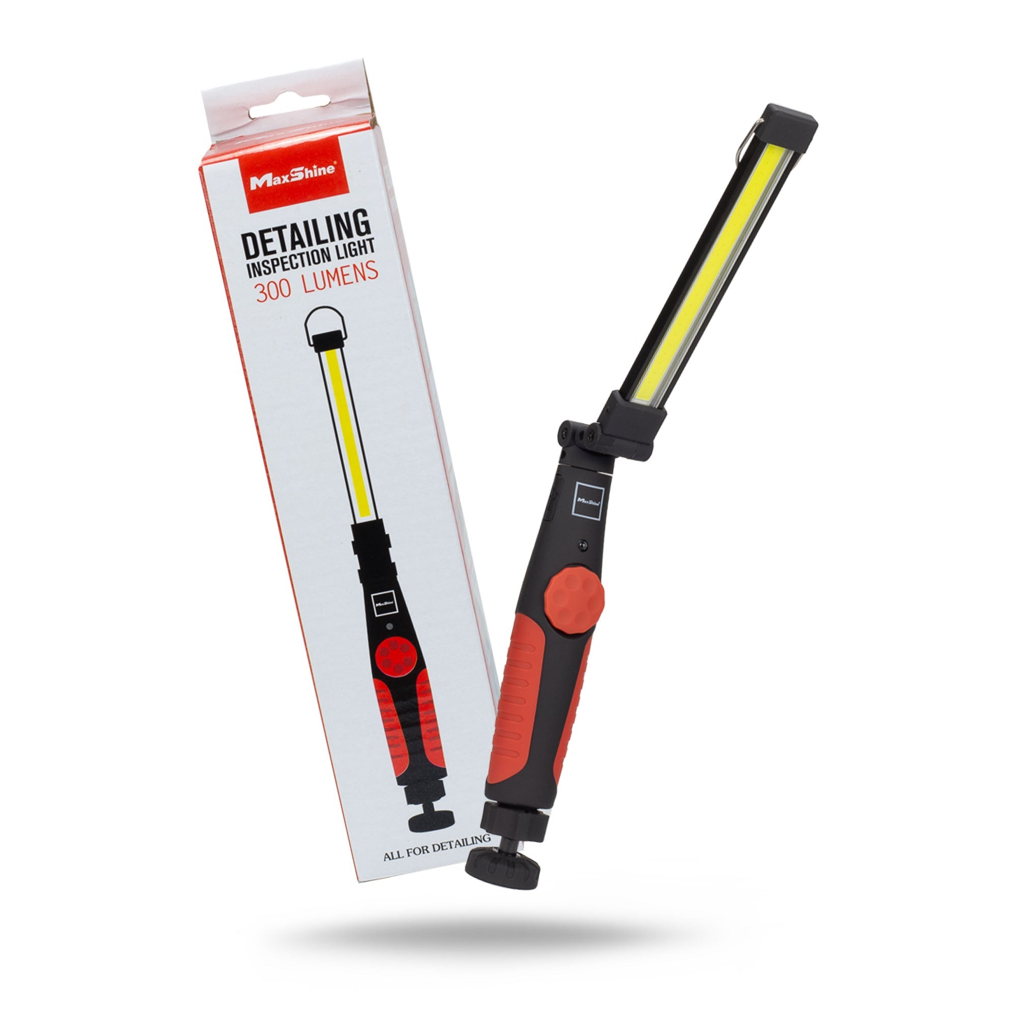 A Foldable Paint Inspection Swirl Light with a red and black handle is shown beside its packaging, which features an illustration of the light and the text "DETAILING INSPECTION LIGHT 300 LUMENS.