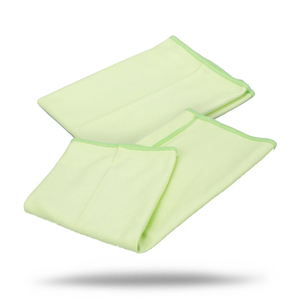 Two Car Glass Cleaning Cloths from the 5-pack (300GSM microfiber towels) are folded and overlapping on a white background with a soft shadow—ideal for streak-free car glass cleaning.