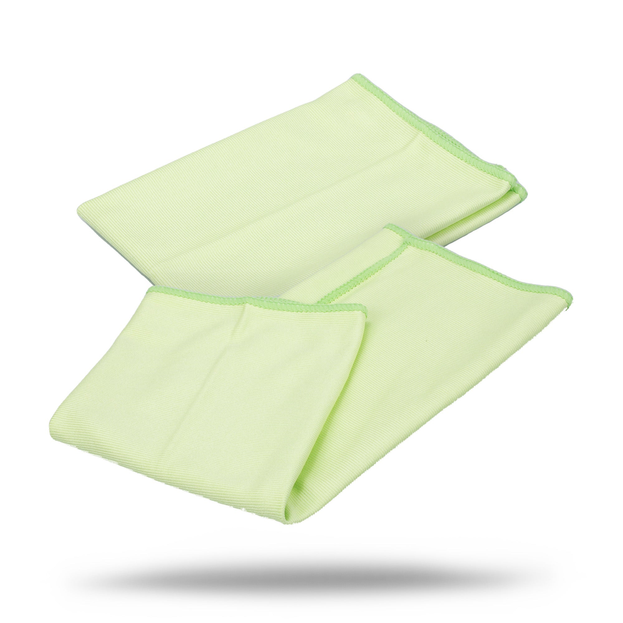 Two Car Glass Cleaning Cloths from the 5-pack (300GSM microfiber towels) are folded and overlapping on a white background with a soft shadow—ideal for streak-free car glass cleaning.