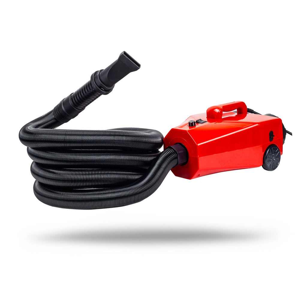 The Touchless Car Dryer is a portable red pet and car dryer with a handle, wheels, black flexible hose, and nozzle for touchless drying, shown isolated on a white background.