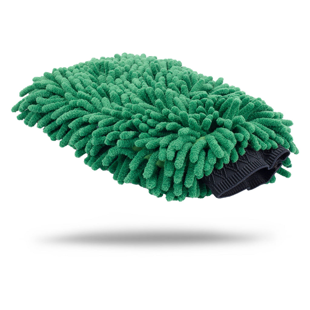 The Chenille Microfiber Wash Mitt, designed for car cleaning, features soft green chenille strands and a black elastic wrist cuff, shown isolated on a white background with a subtle shadow.