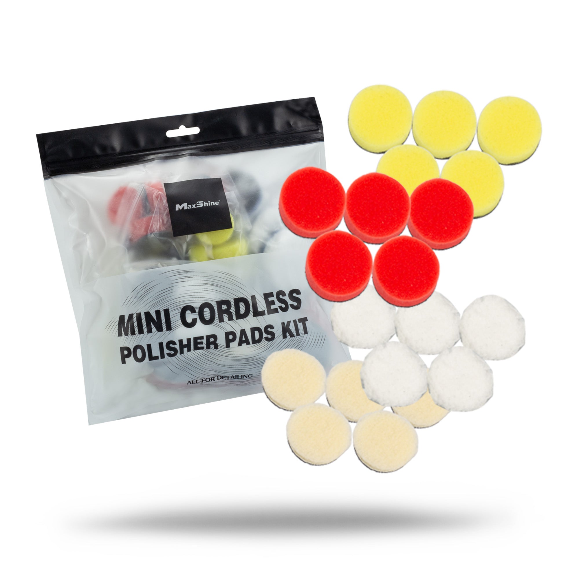 A Mini Cordless Polishing Pads Kit is shown with grouped yellow, red, and white pads on a white background—ideal for precise paint correction.