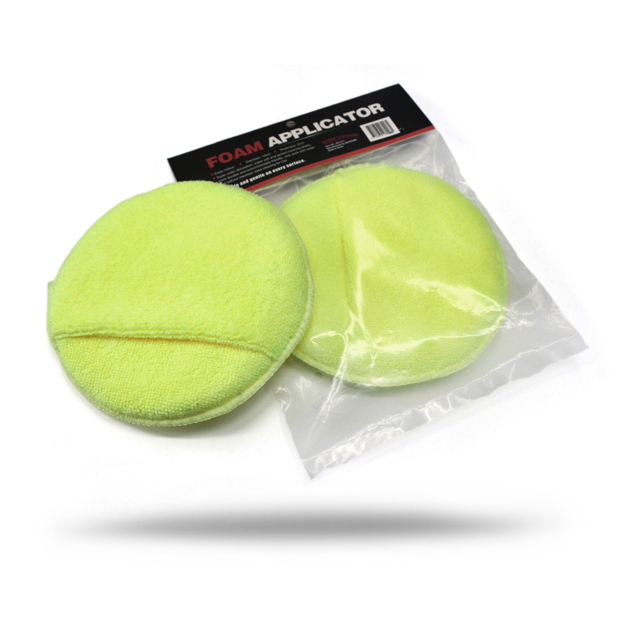 Two round, yellow Pocket Grip Interior and Exterior Car Detailing Applicators are shown—one in clear packaging with a black and red "Foam Applicator" label, one outside. Both are perfect for interior and exterior use, displayed on a white background.