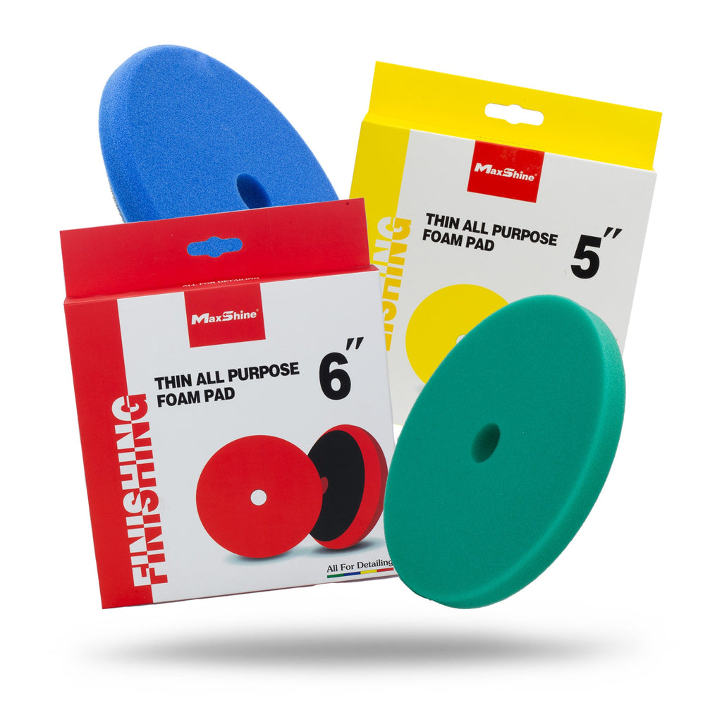 Two Thin Foam Polishing Pads, 5in (green) and 6in (blue), are displayed with red and yellow packaging. The circular foam pads have a central hole and are perfect for car detailing tasks.