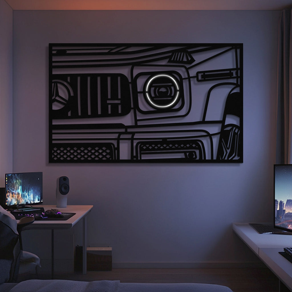 A modern bedroom features the AMG G63 Apex Front View Metal Neon Frame Wall Art - MT1480 above a dual-monitor desk with ambient lighting—an eye-catching gift for car enthusiasts.