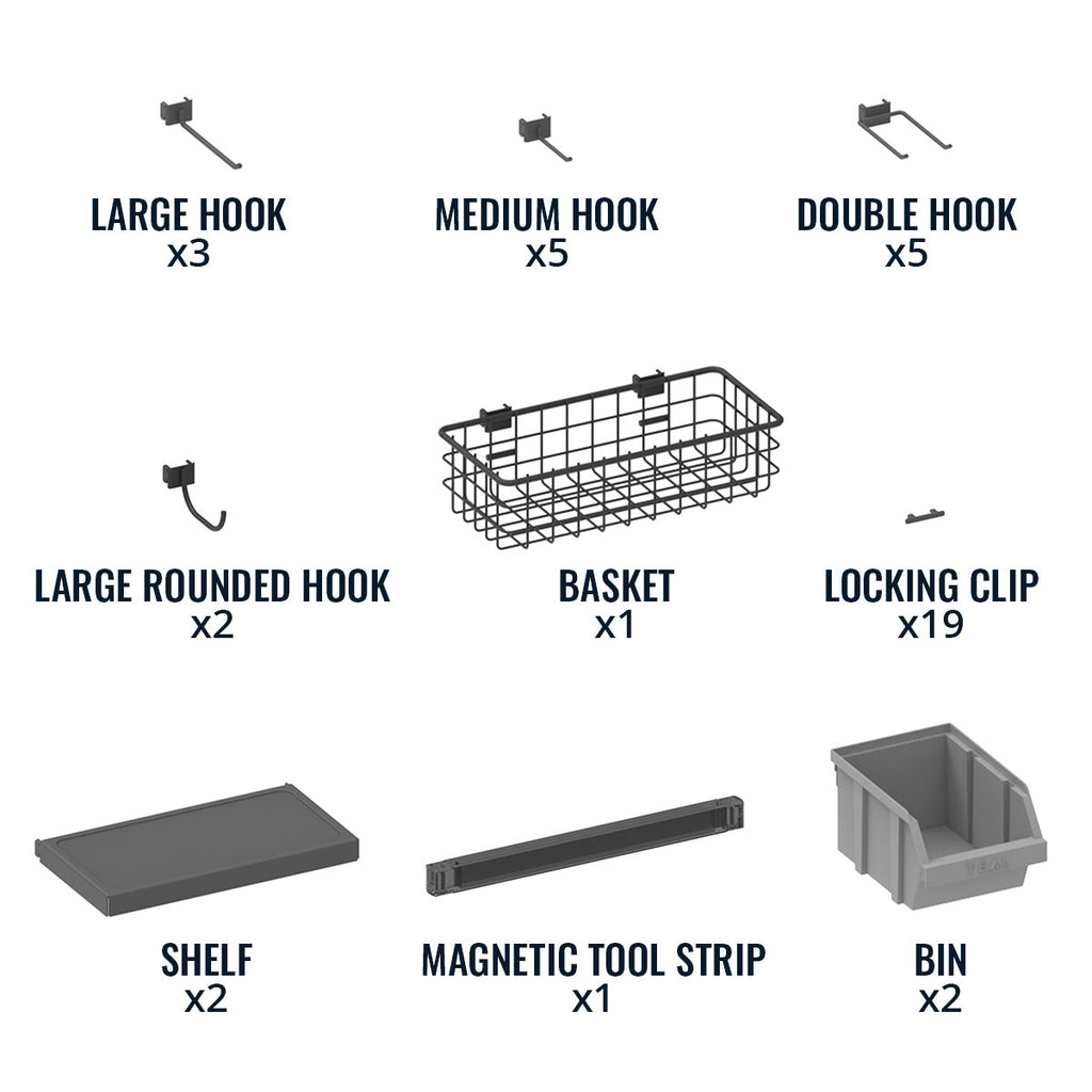 The Pegboard Pro Accessory Pack includes 3 large hooks, 5 medium hooks, 2 double hooks, 1 large rounded hook, 1 basket, 19 locking clips, 2 shelves, a magnetic tool strip, and 2 bins for versatile storage.
